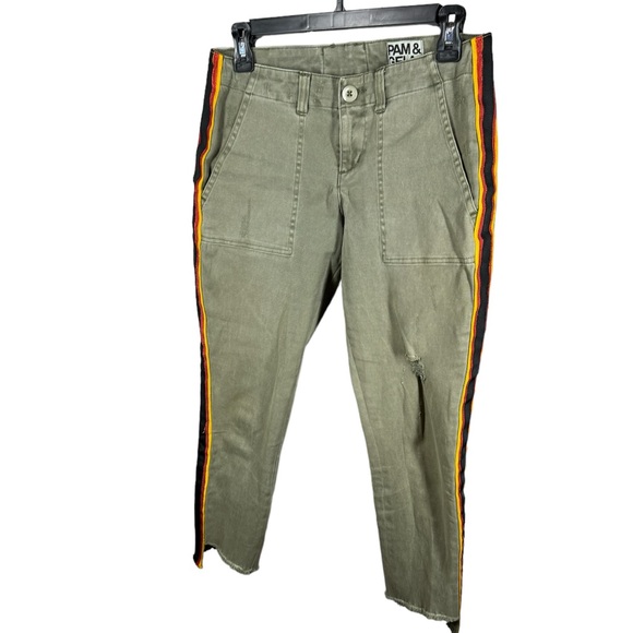 Pam & Gela Uniform Side Stripe Step Hem Pants Militia Green Lace-up 26 - Picture 2 of 6